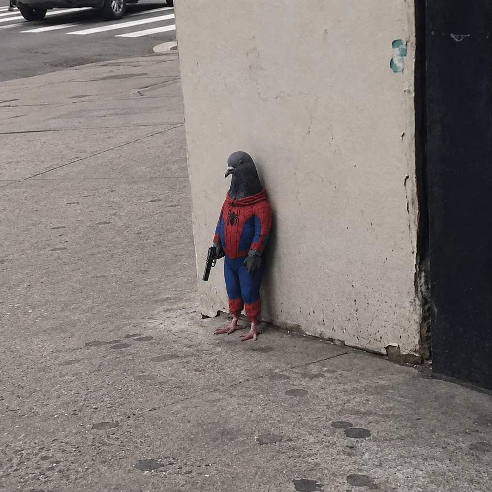 The pigeon leaning against the wall — red & blue.