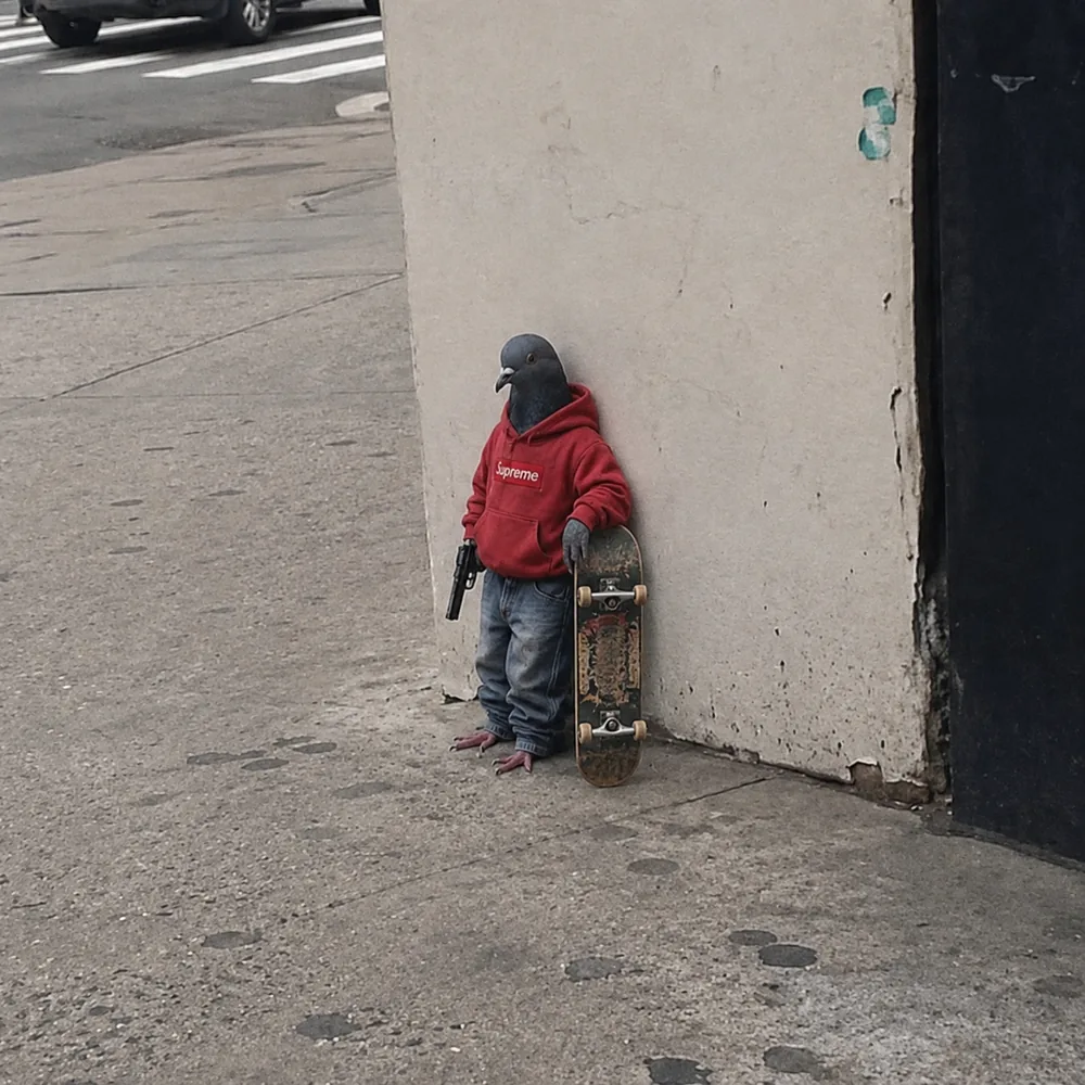 The pigeon leaning against the wall — skateboard.