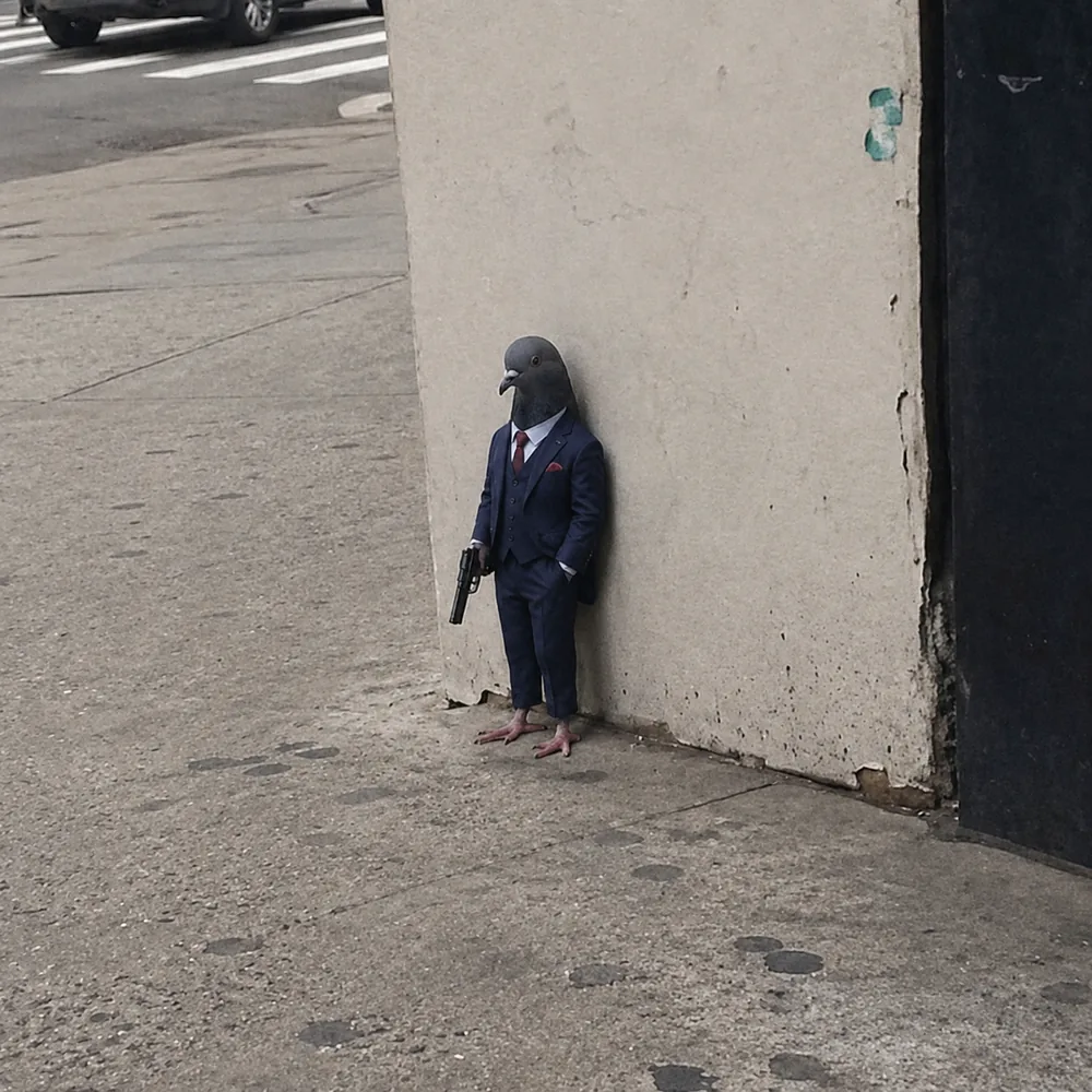 The pigeon leaning against the wall — three-piece.
