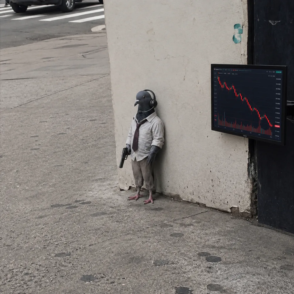 The pigeon leaning against the wall — the terminal.