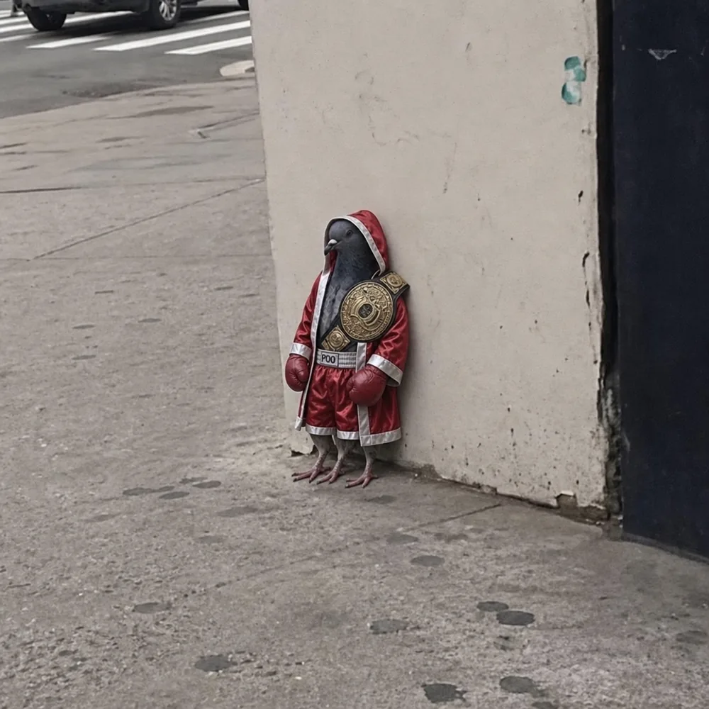 The pigeon leaning against the wall — the gloves.