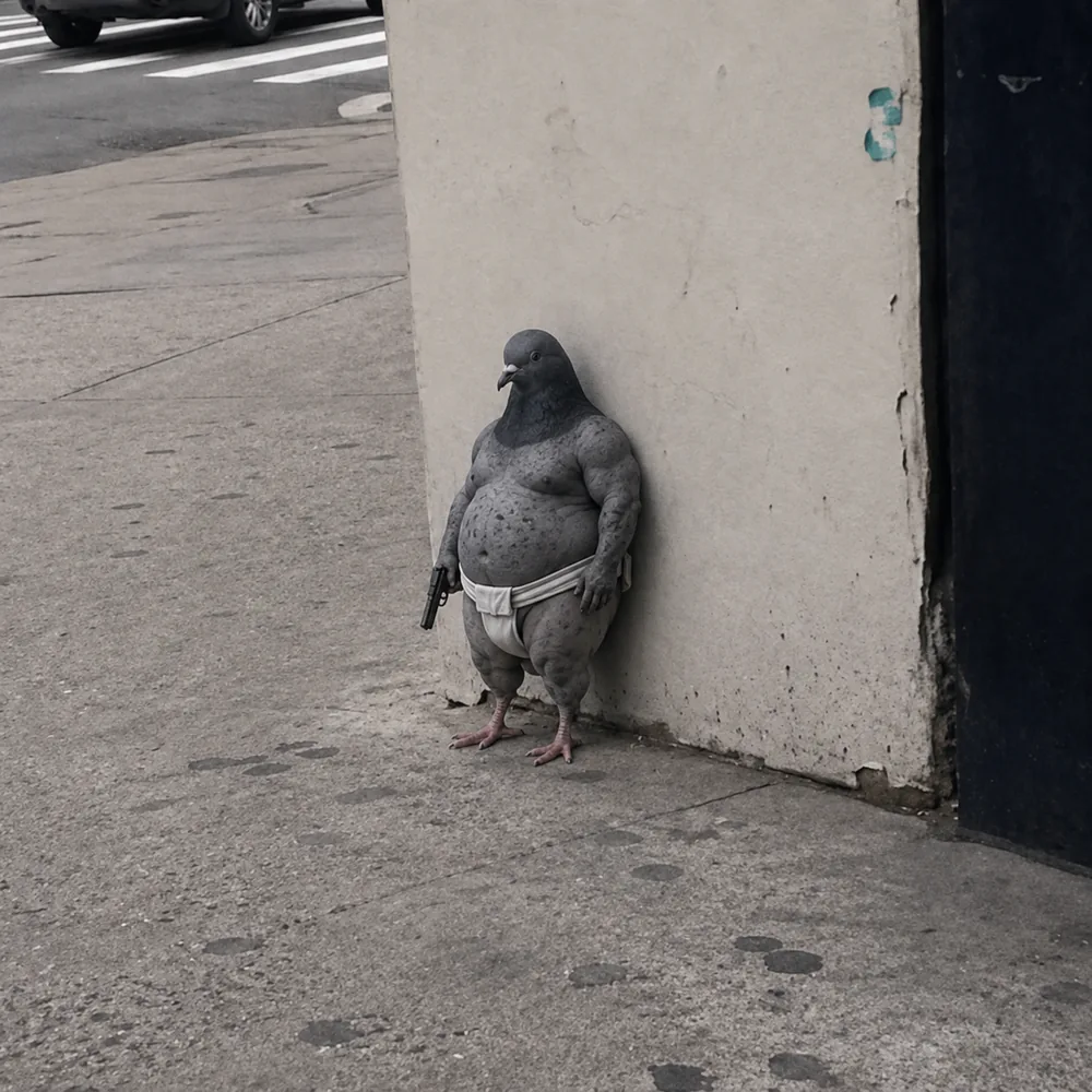 The pigeon leaning against the wall — mawashi.
