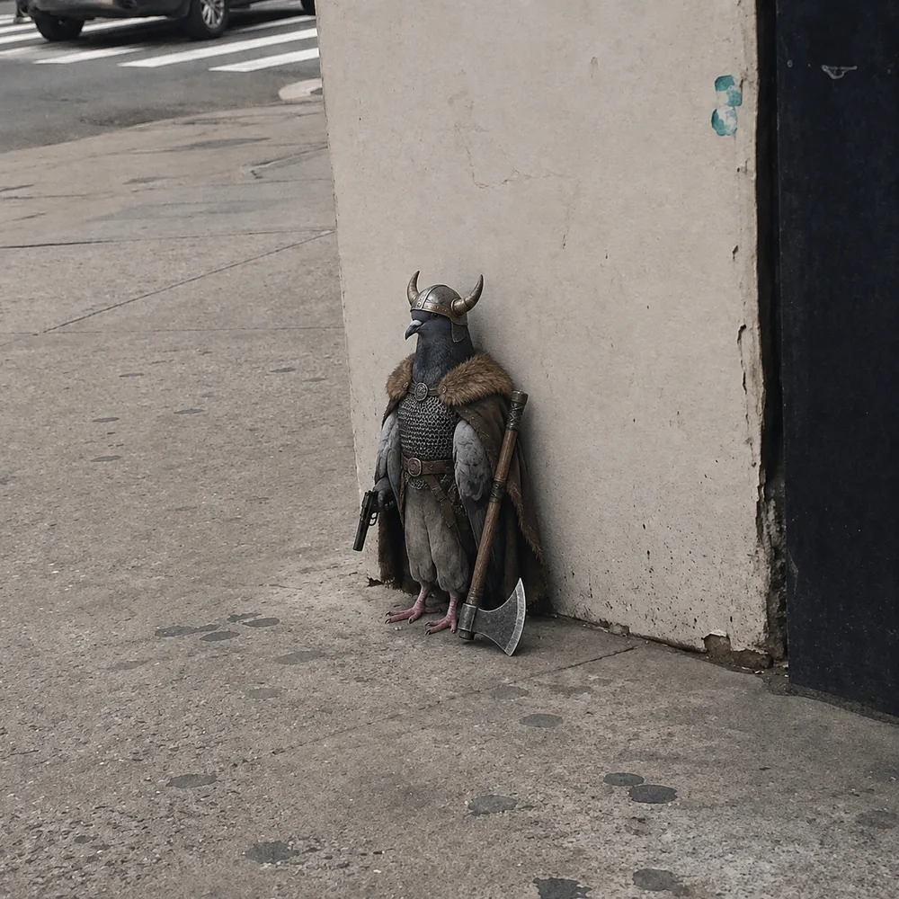 The pigeon leaning against the wall — horned helmet.